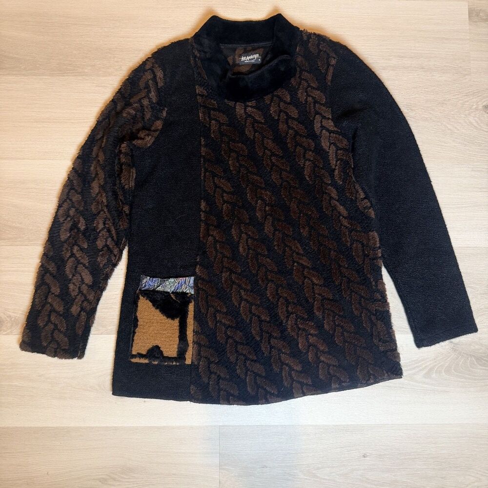 Lee Andersen Sweater Womens S Black Geometric Mock Neck Long Sleeve Textured